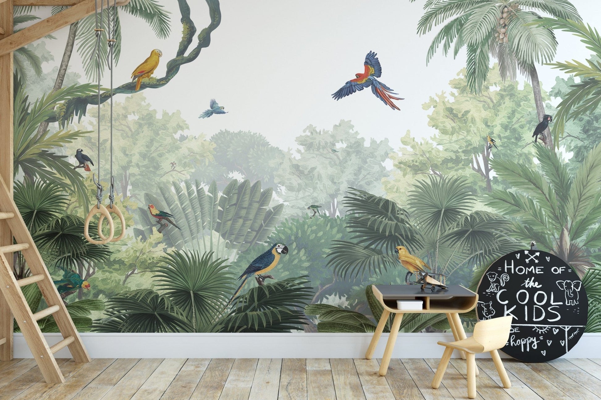 Lush tropical wallpaper with jungle canopy and exotic birds KB14
