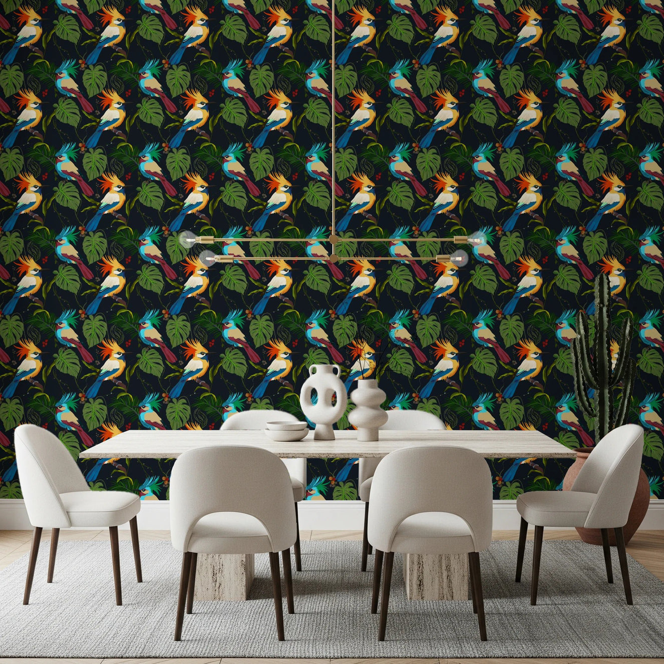 Dark botanical wallpaper with jungle birds and tropical paradise styling