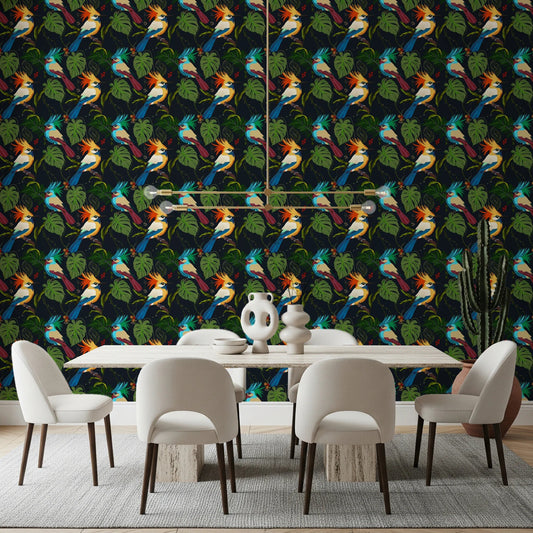 Dark botanical wallpaper with jungle birds and tropical paradise styling