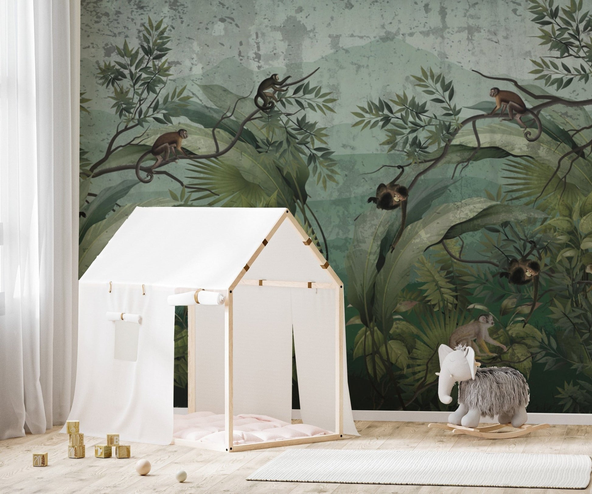 Green jungle wallpaper with monkeys
