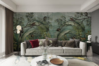 Exotic monkey mural in dense foliage
