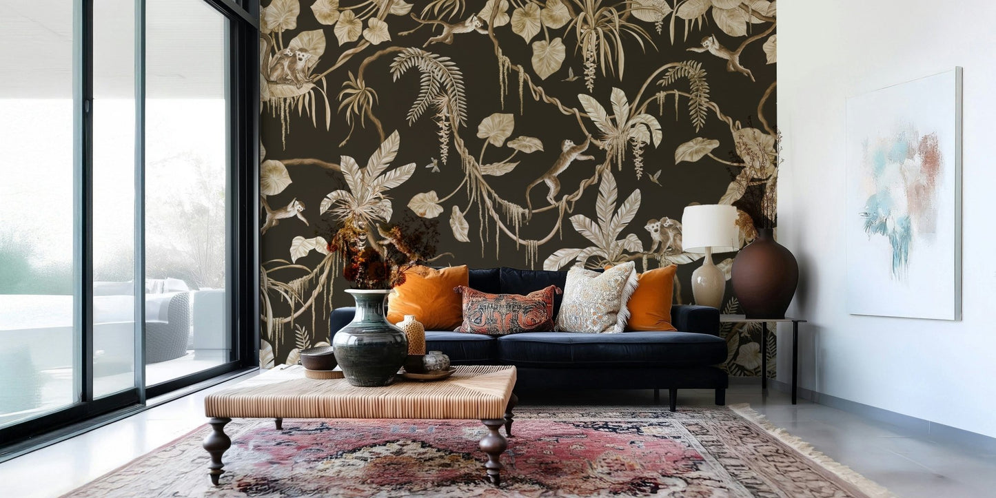 Jungle Canopy wallpaper for walls behind a display shelf.