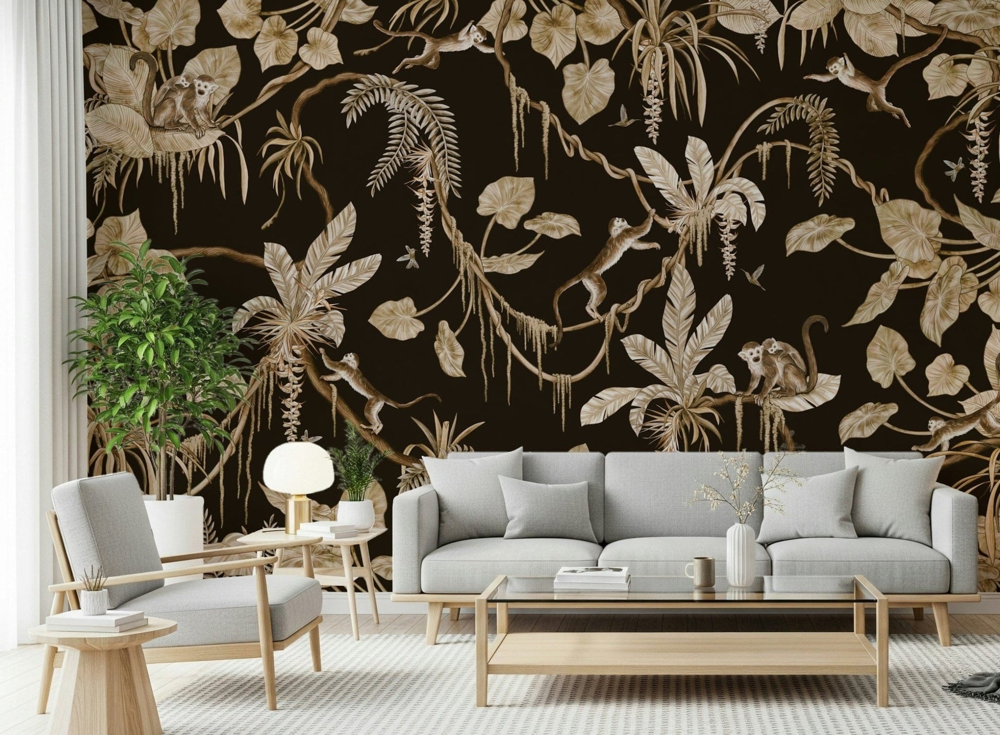 Stylish office accented by the Jungle Canopy wallpaper mural.