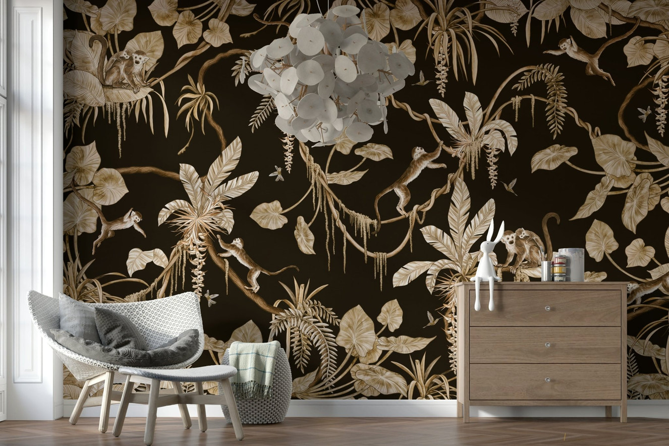 Jungle Canopy Wall Mural creates drama in a bedroom space.