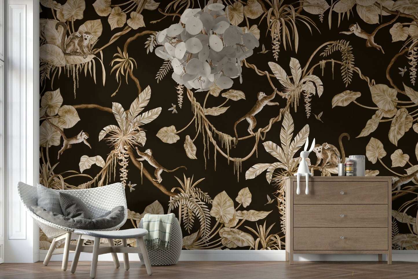 Jungle Canopy Wall Mural creates drama in a bedroom space.