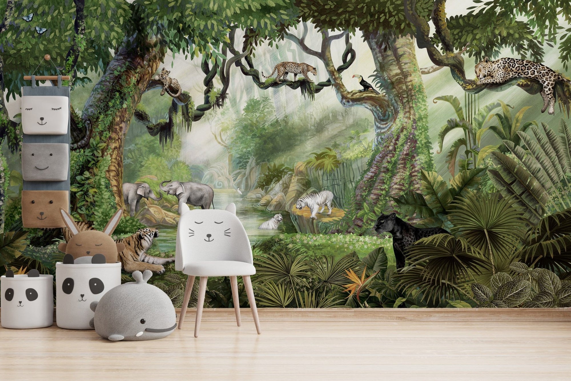 Jungle wallpaper mural featuring leopards and tigers KB34
