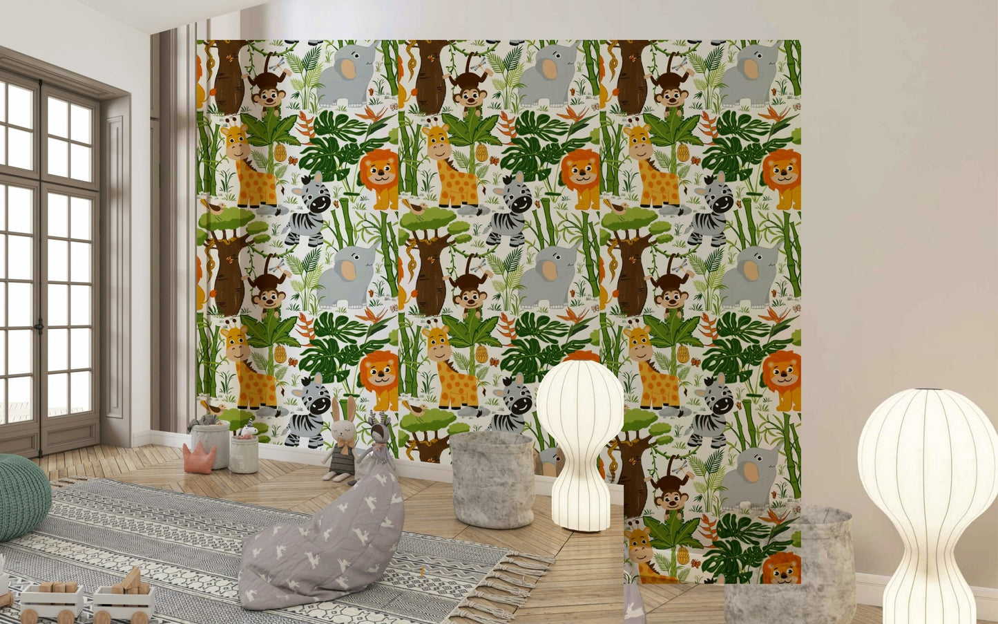 A peaceful modern abstract mural on decorative wallpaper.