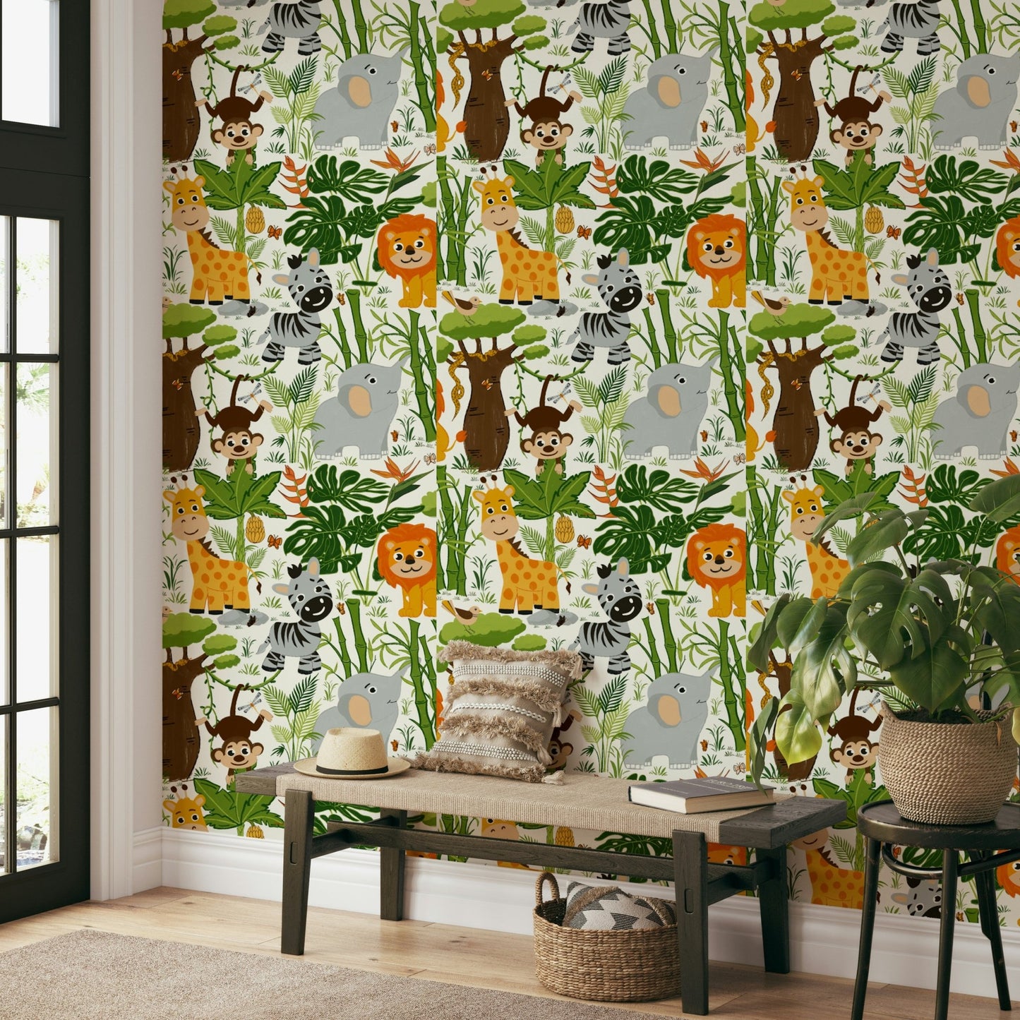 A beautiful whimsical jungle wallpaper mural with friendly animal characters.