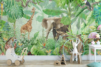 Vibrant green forest wall mural with animals A447
