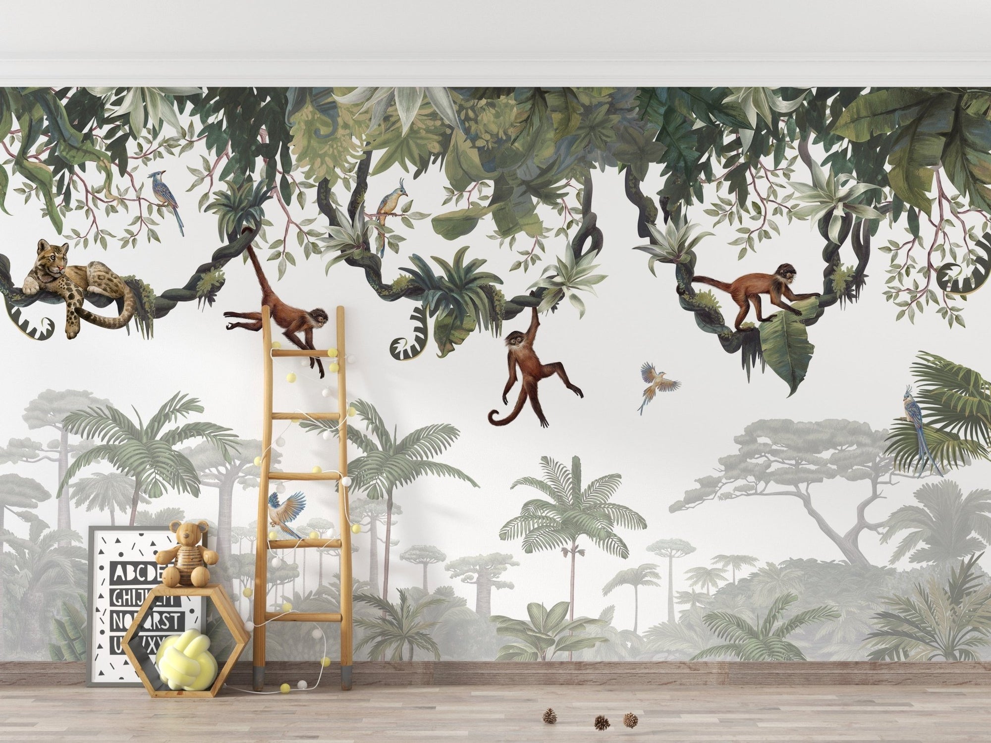 Tropical jungle wallpaper murals with hanging monkeys and trees KB16