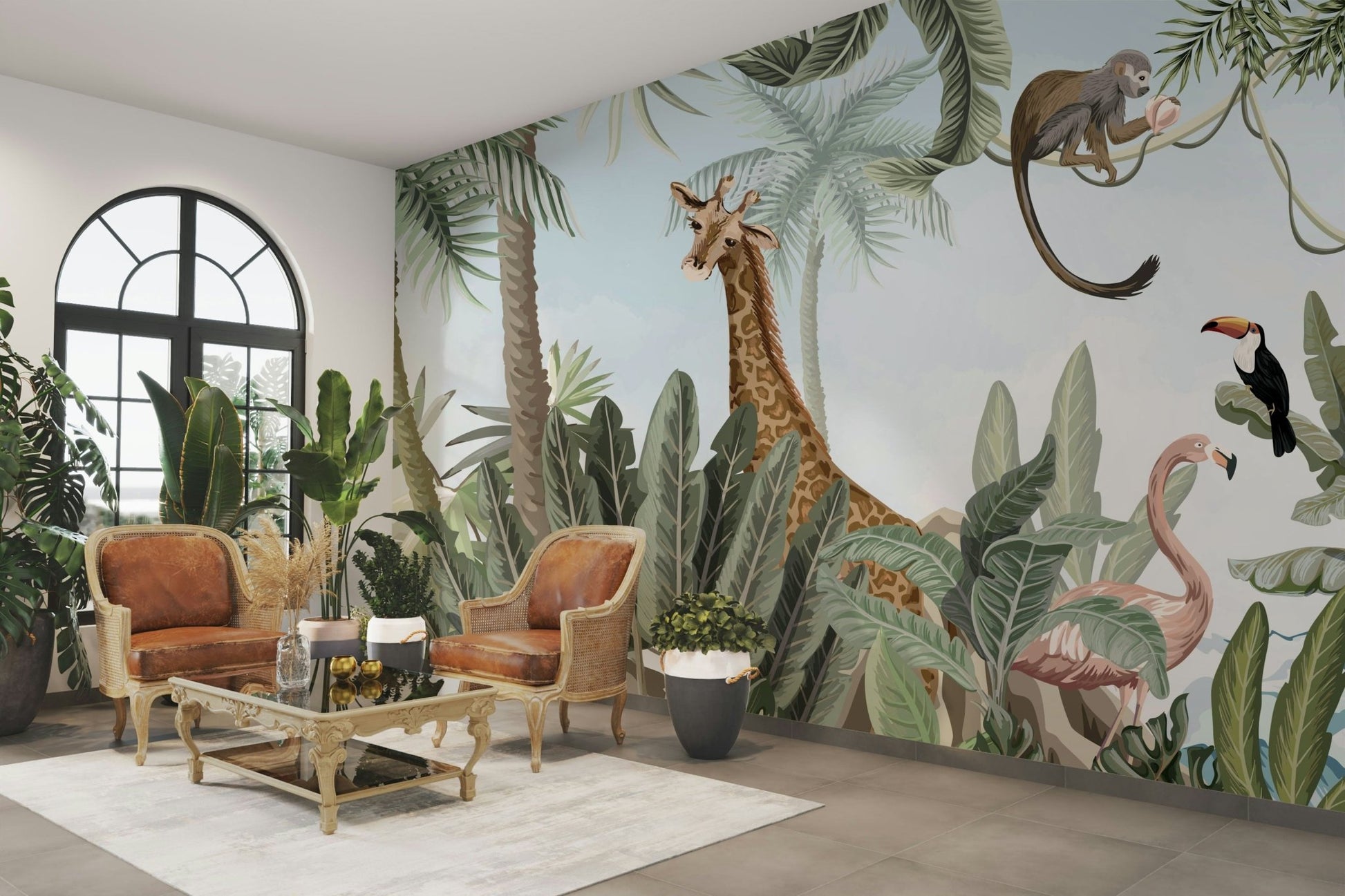 Bright green ferns and tropical plants surround the clearing.
