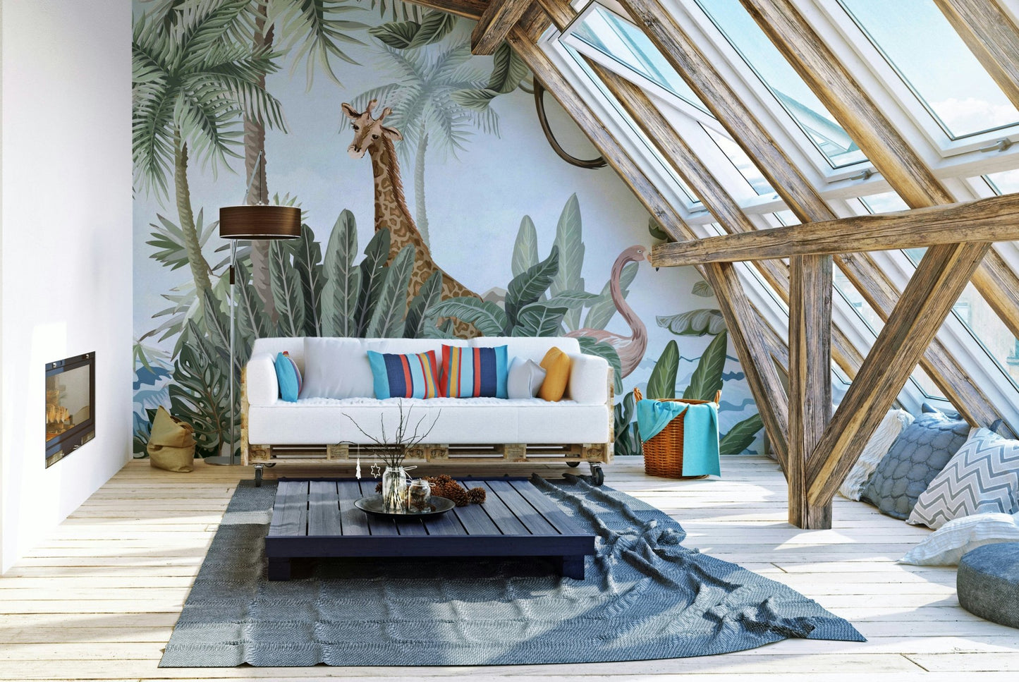 The mural depicts a view from within a dense jungle.
