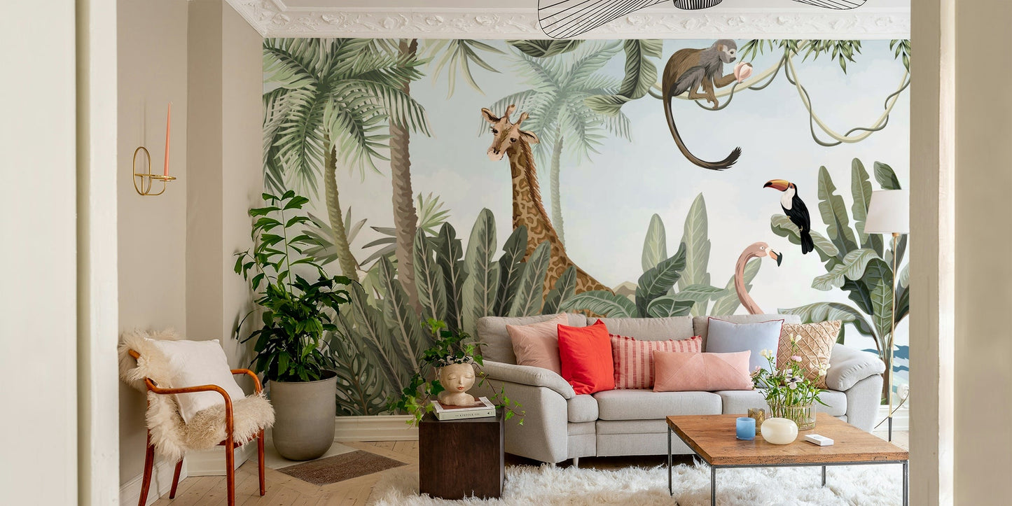 In the center, a small waterfall cascades down mossy rocks.
