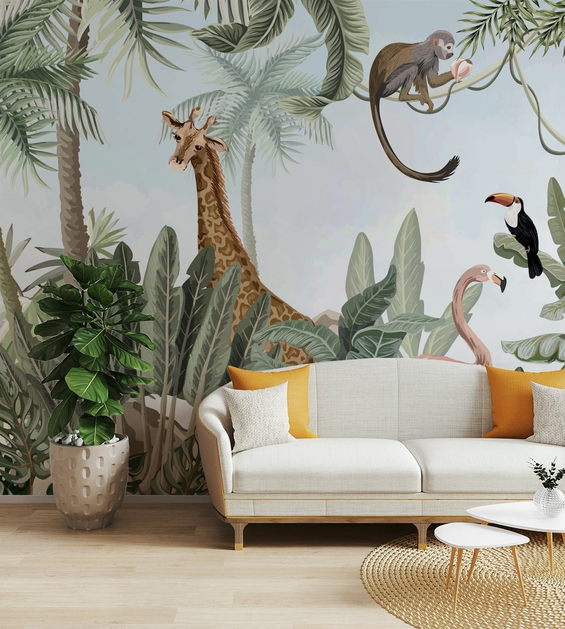 Dark, large leaves frame the edges of the scene.
