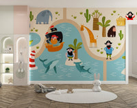 Playful safari animals and pirates wallpaper