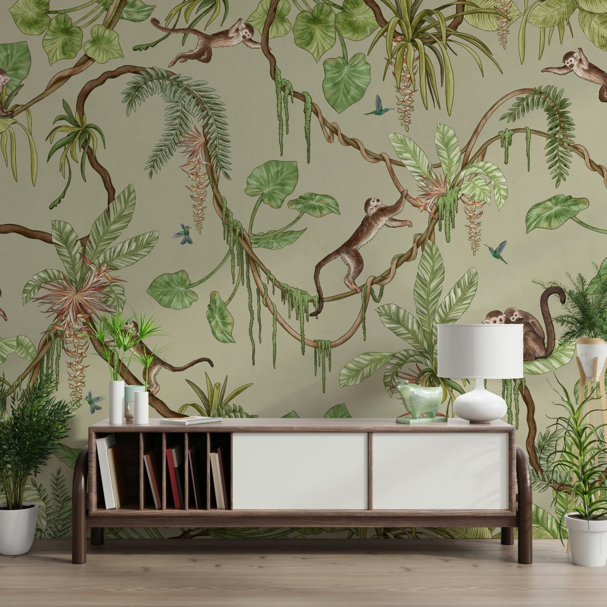 Vibrant parrot illustration detail on the jungle pattern wallpaper.
