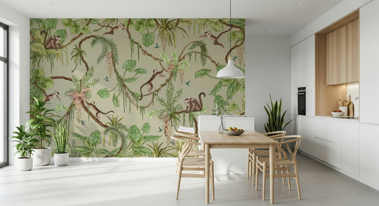 A sketched monkey swinging on the Jungle Jamboree Wall Mural.