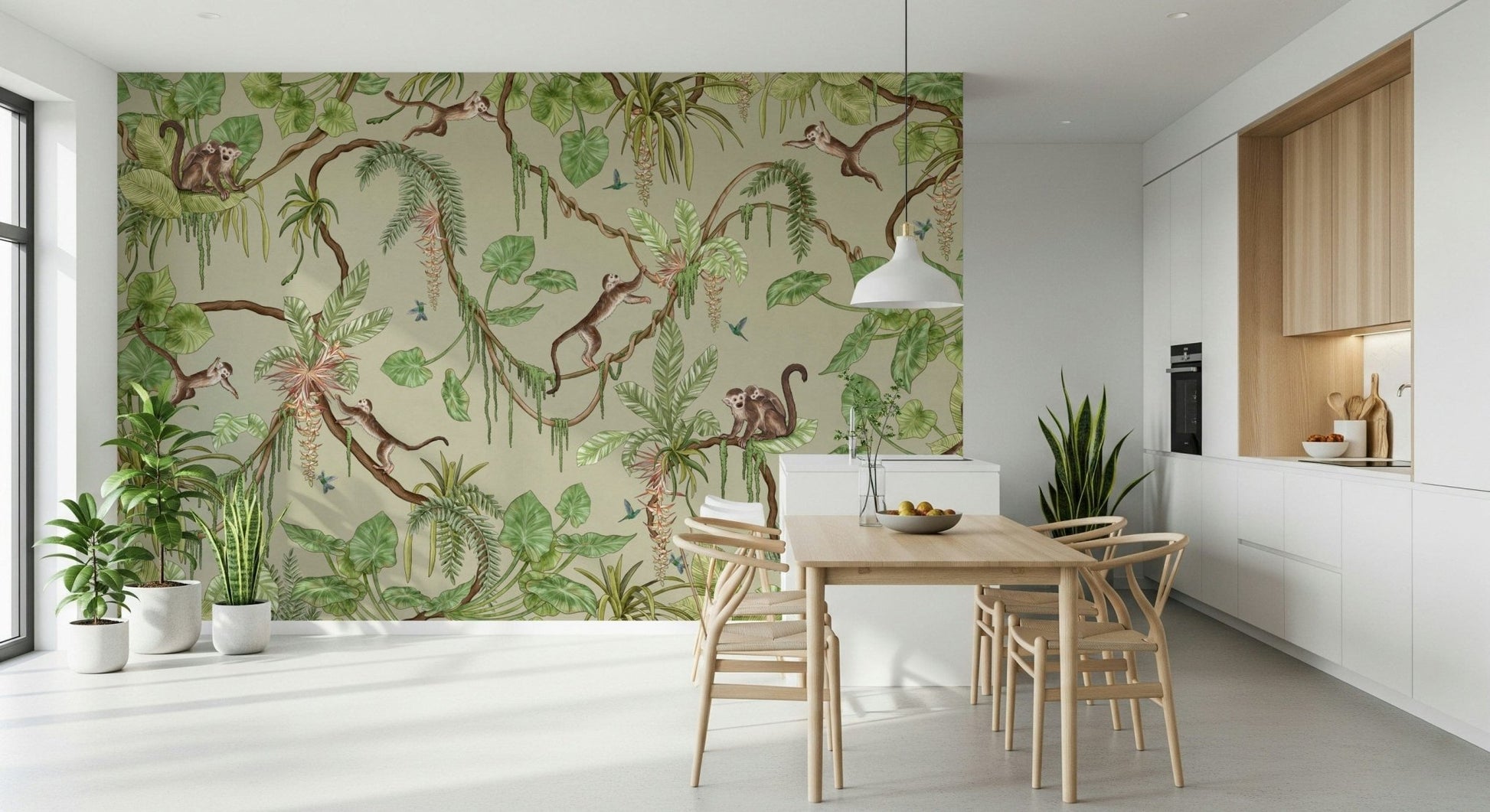 A sketched monkey swinging on the Jungle Jamboree Wall Mural.