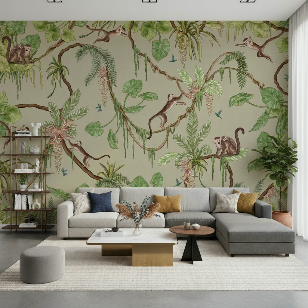 Kids' playroom decor using the lively tropical wallpaper for walls.