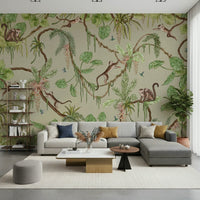 Kids' playroom decor using the lively tropical wallpaper for walls.