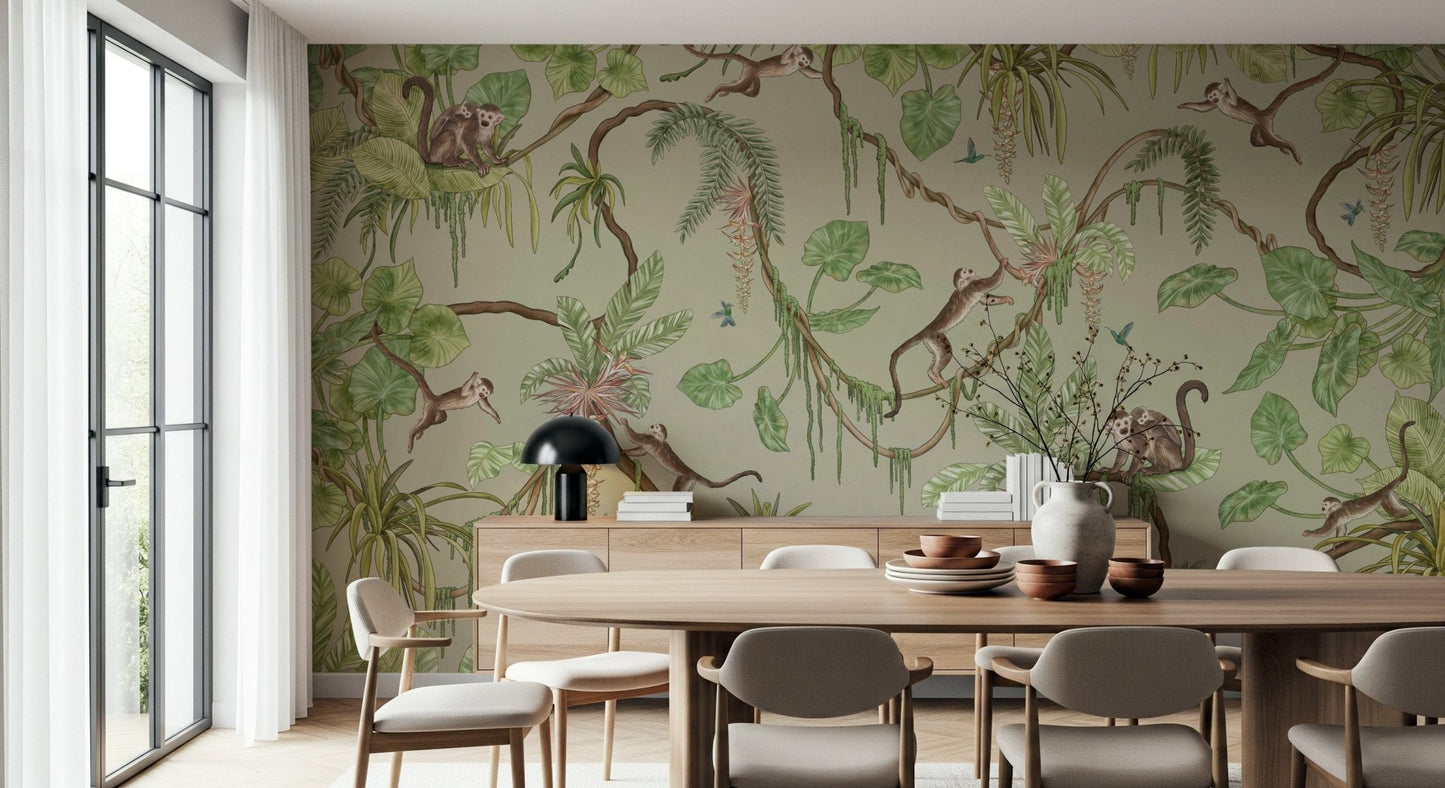 Full living room view with the colorful jungle wallpaper mural.