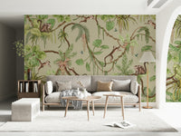 Nursery crib set against the lively jungle wallpaper mural.