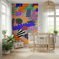 Wall mural, puzzling patterns, Jungle Jive style, outlandish colors.