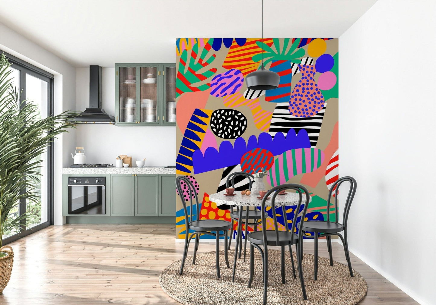 Vivid Jungle Jive mural, clashing stripes, dotty shapes.