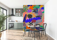 Vivid Jungle Jive mural, clashing stripes, dotty shapes.