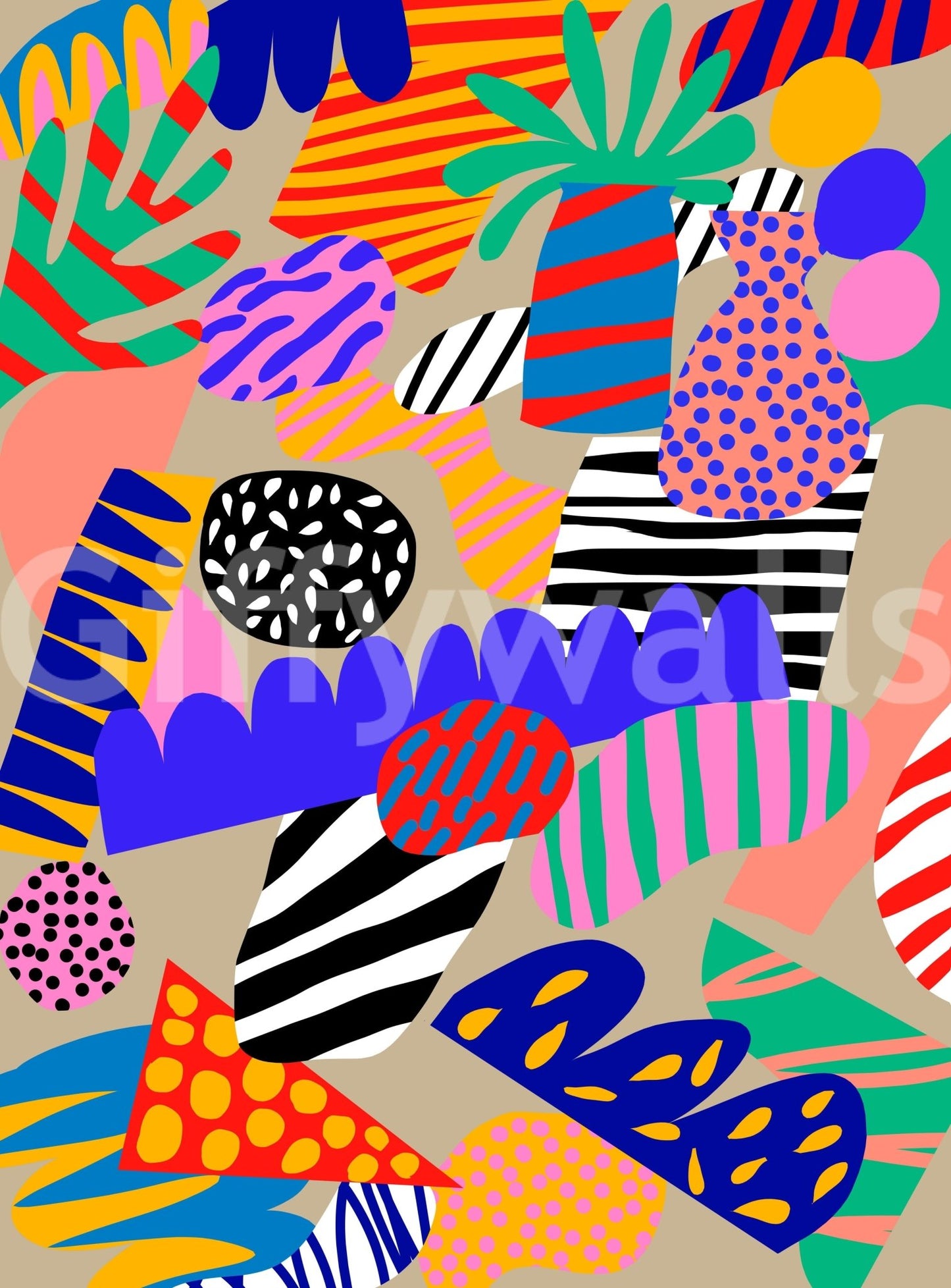 Gaudy Jungle Jive Wall Mural, ludicrously bright, maximalist wallpaper.