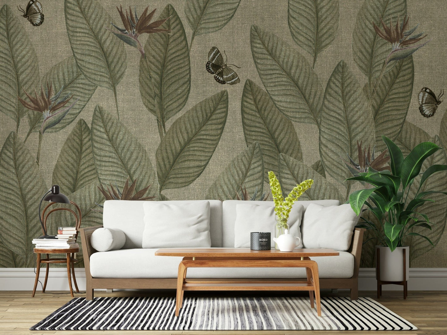 Antique wall mural for walls, earthy tones, and tropical flower design.