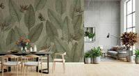 Deep green fabric look wallpaper, Jungle Life Antique wall art.