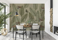 Vintage tropical wall mural, Jungle Life Antique, with brown butterflies.