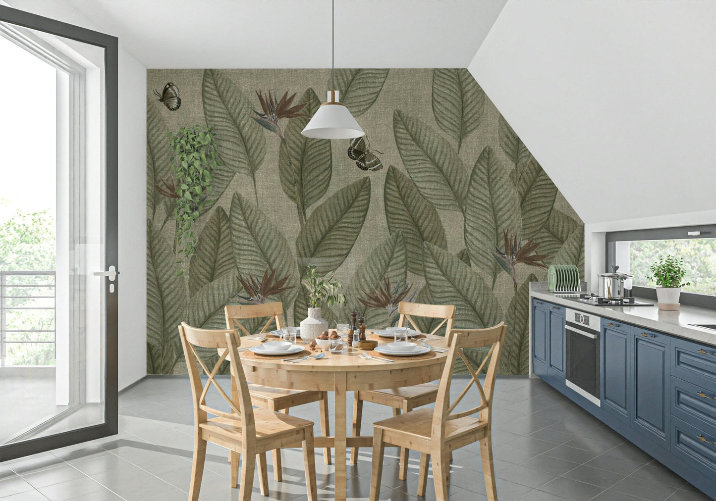 Jungle Life Antique wallpaper mural, lush foliage, and delicate butterflies.