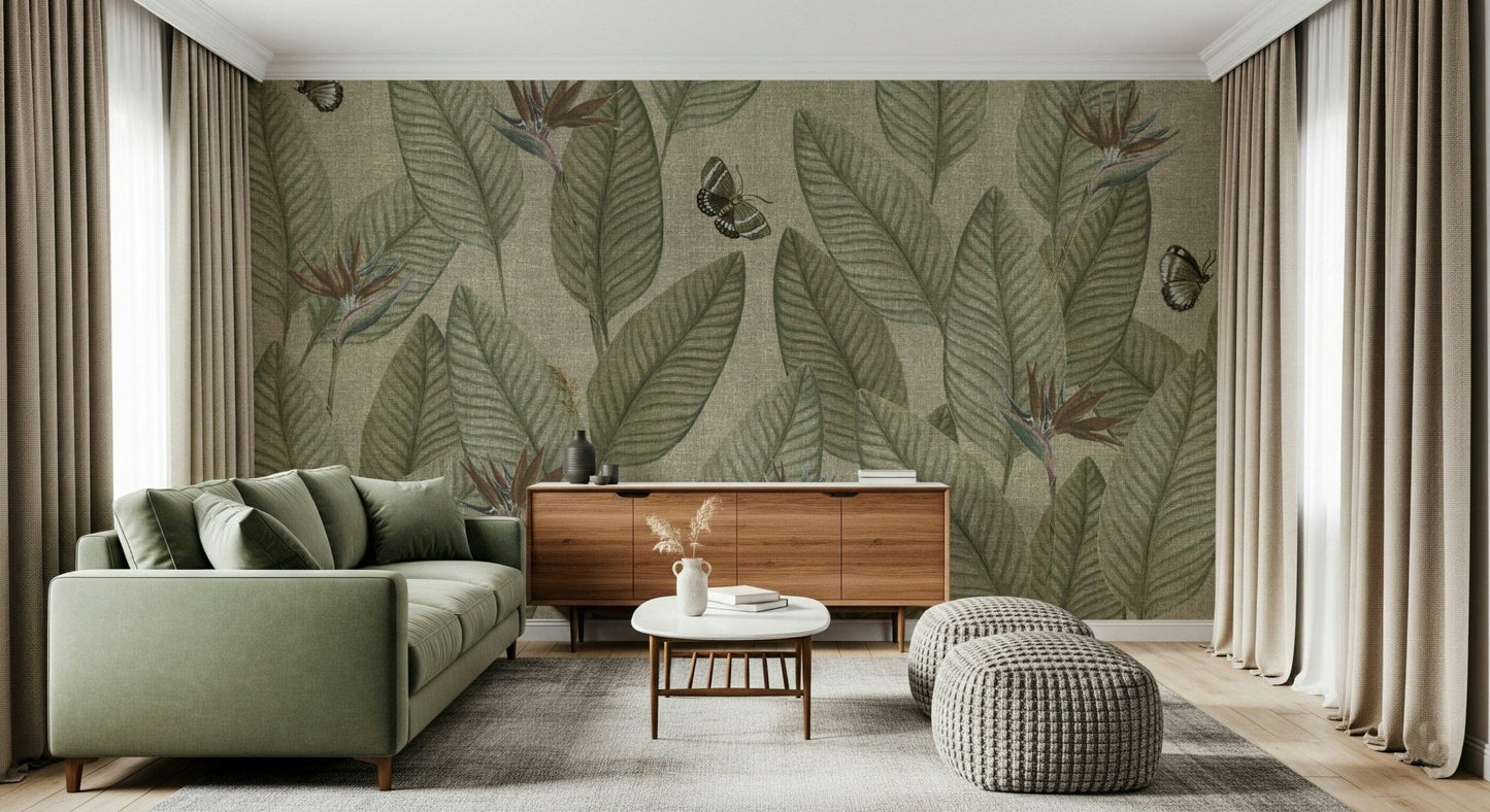 Jungle Life design, textured wallpaper featuring calm banana leaves.