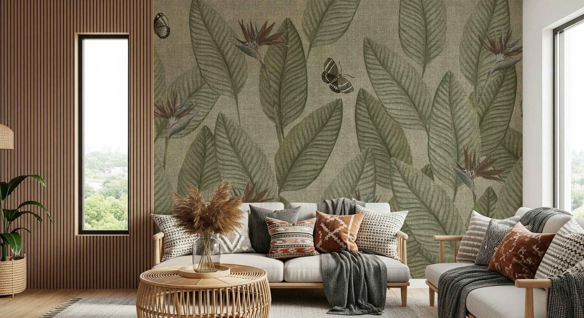 Jungle Life Antique, moody mural wallpaper, exotic Bird of Paradise flowers.