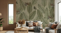 Jungle Life Antique, moody mural wallpaper, exotic Bird of Paradise flowers.