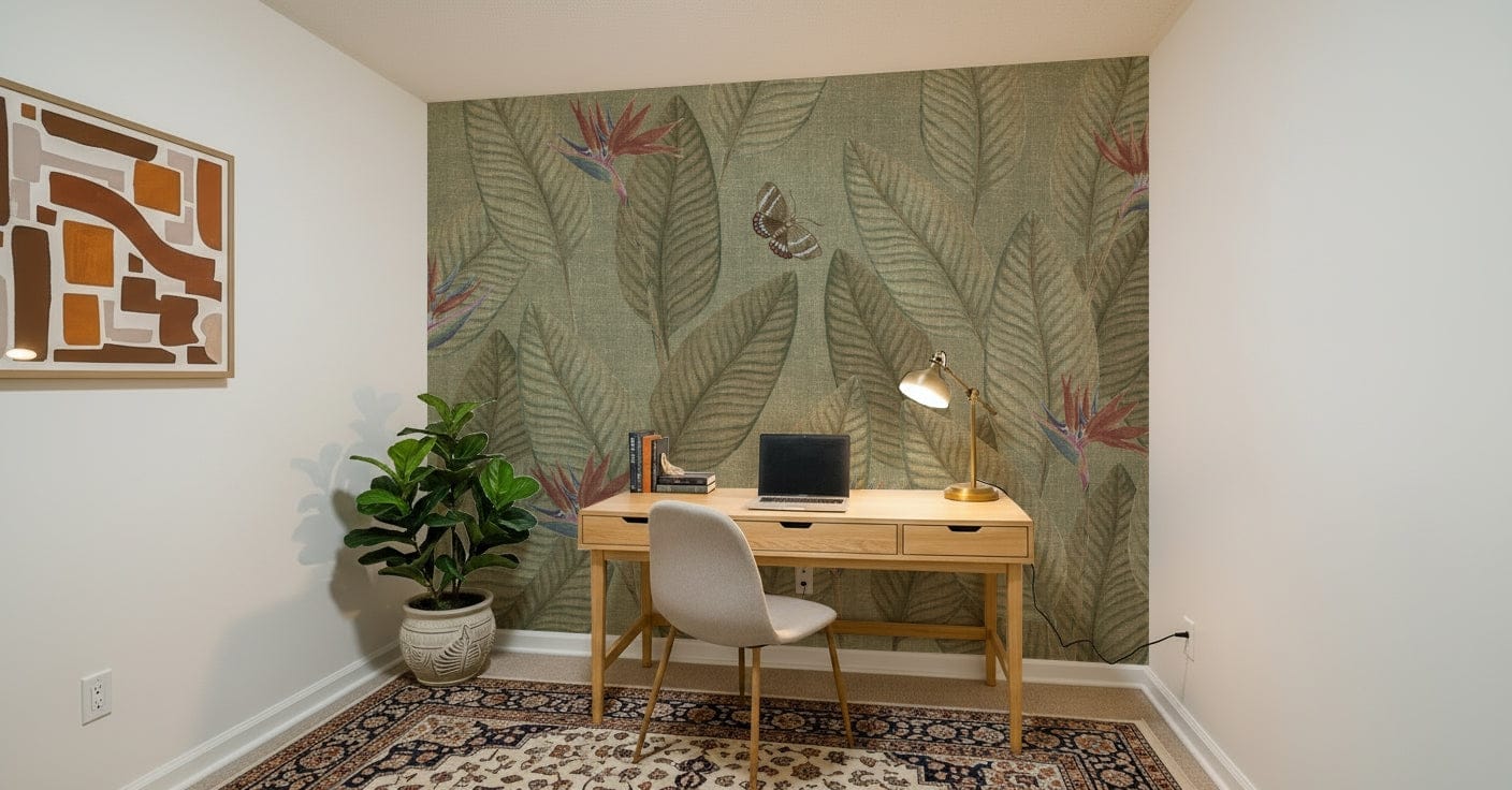 Soft green linen look wallpaper, Jungle Life Faded wall art.