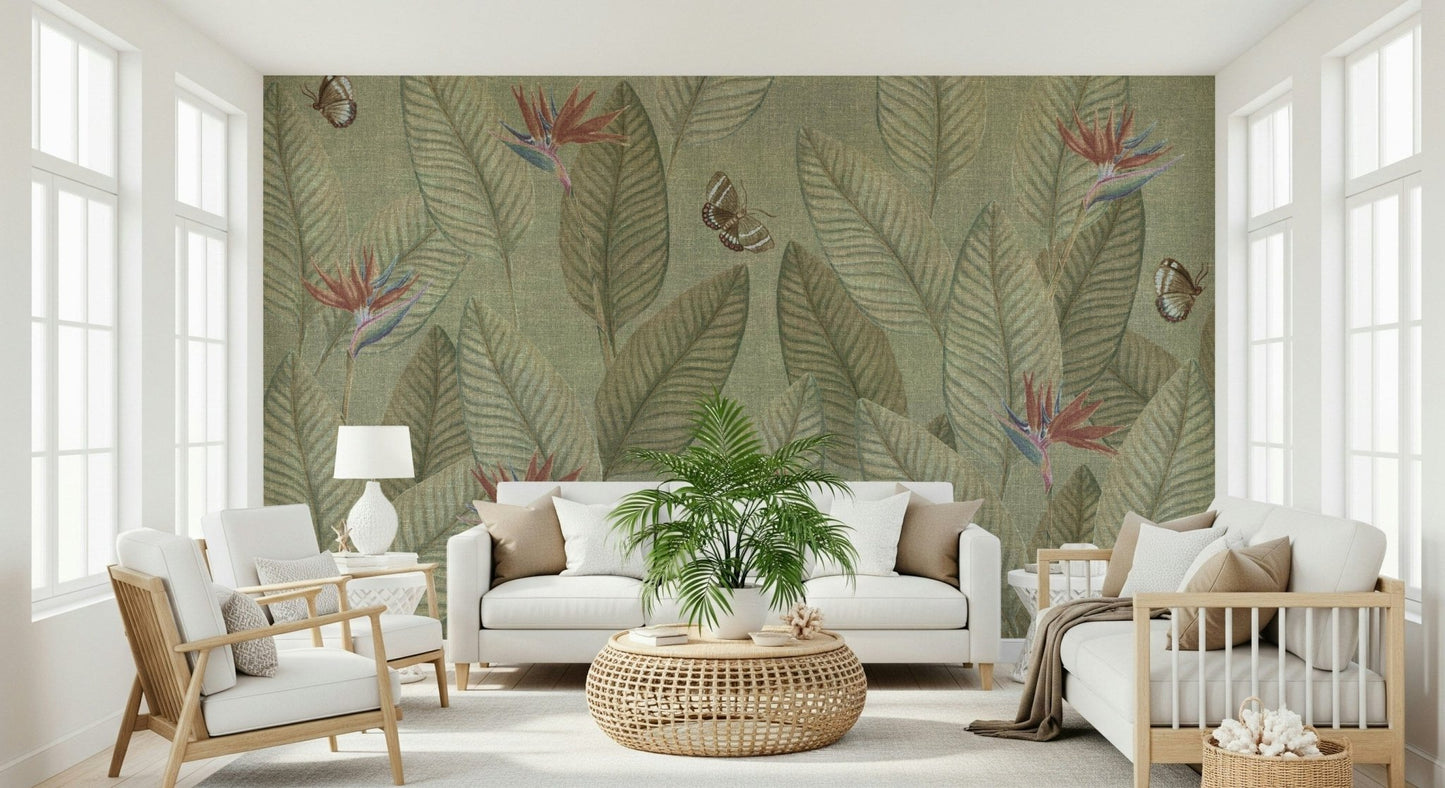 Ethereal jungle wallpaper, Faded, light pattern, calming leaves.