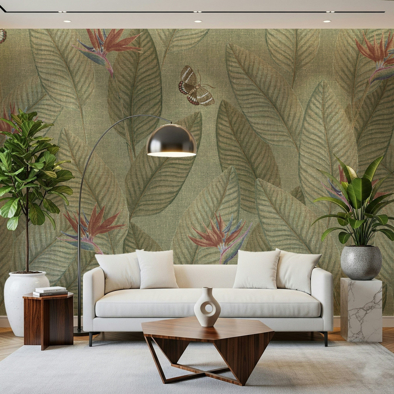 Jungle Life Faded wallpaper mural, soft foliage, and gentle butterflies.