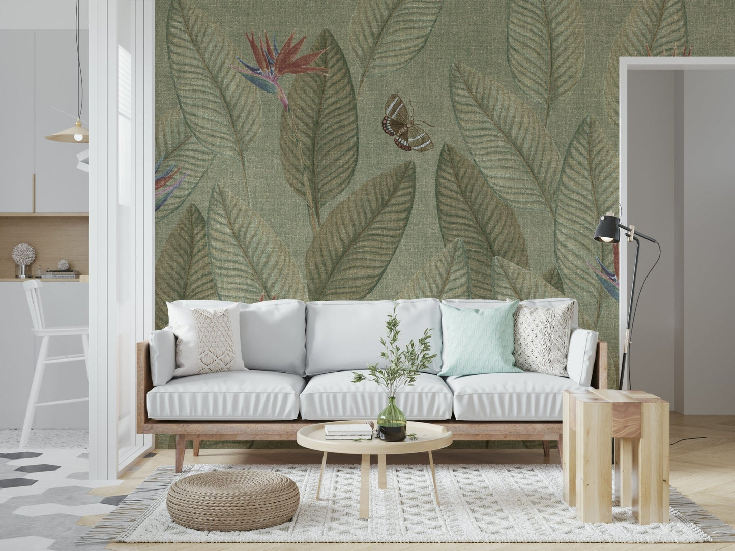 Aged tropical wall mural, Jungle Life Faded, with pale butterflies.