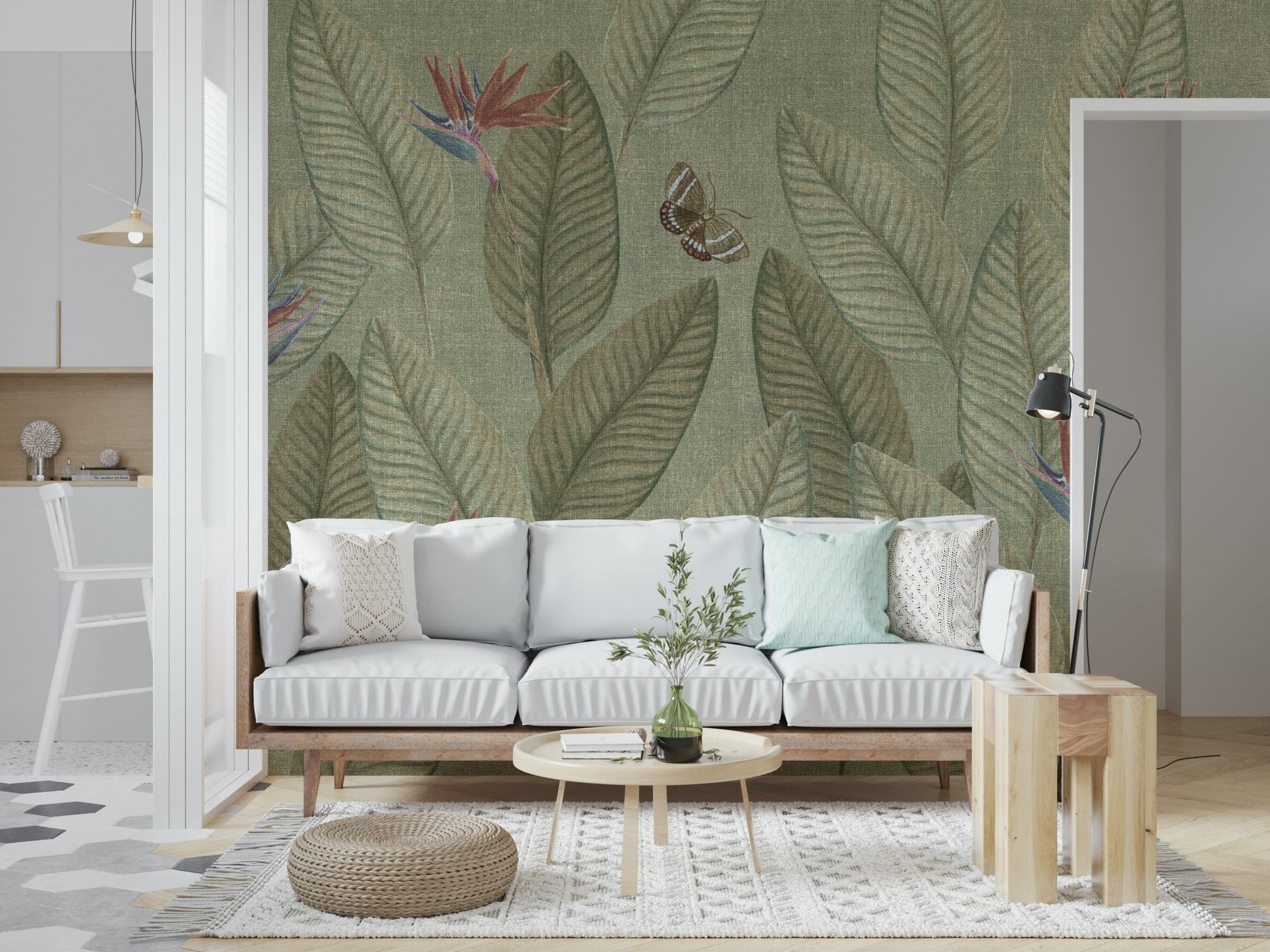 Aged tropical wall mural, Jungle Life Faded, with pale butterflies.