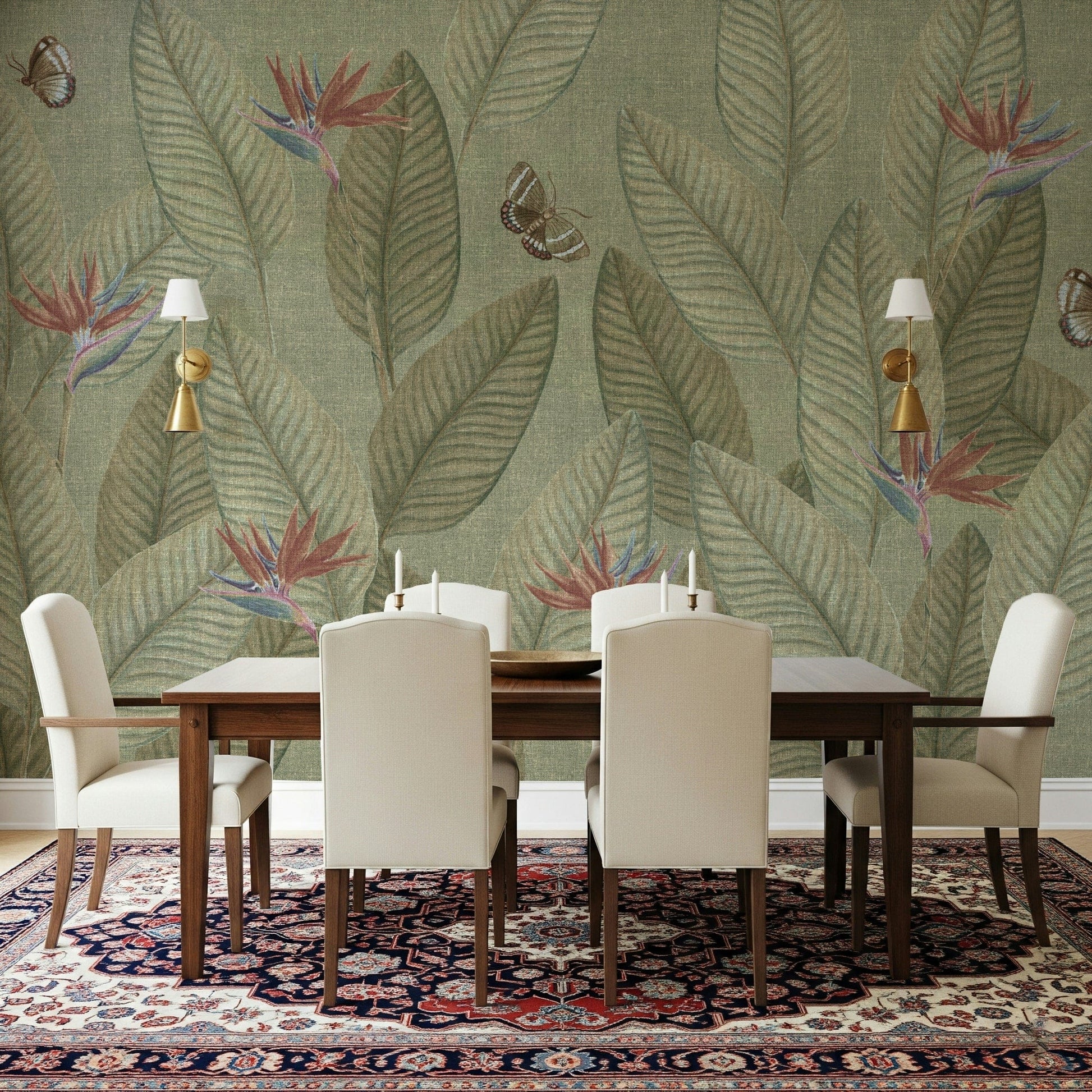 Faded wall mural for walls, pastel tones, and subdued flower design.