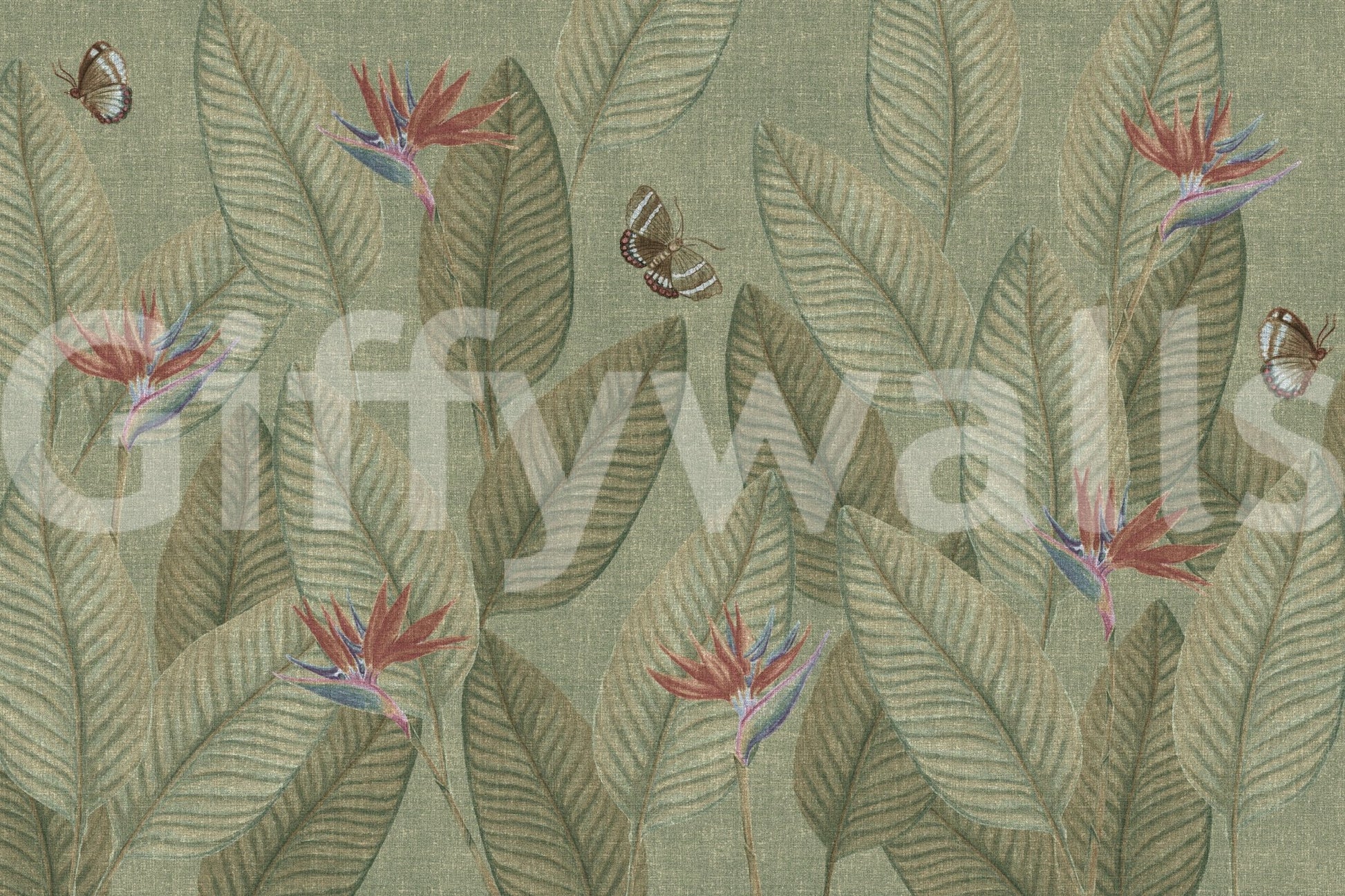 Jungle Life Faded lime-toned wallpaper, exquisite nature wall mural.