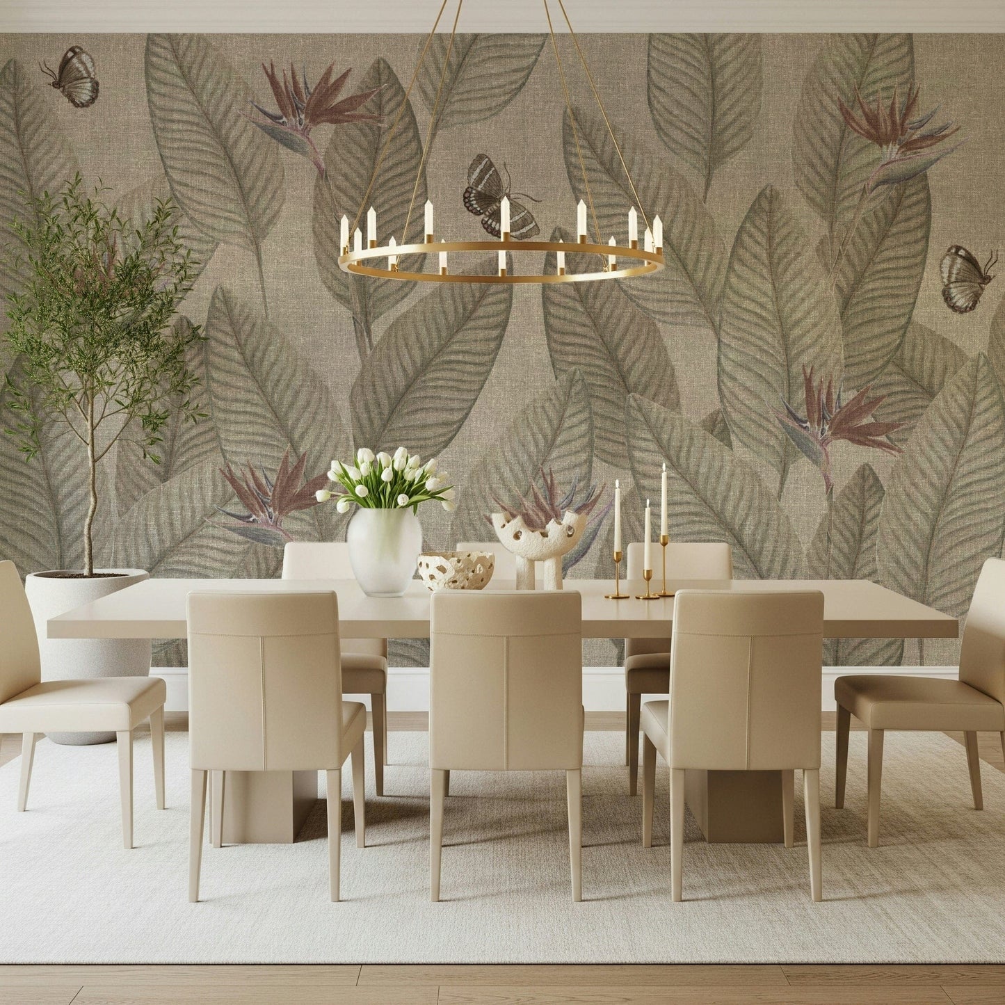 Subtle botanical wallpaper with tropical fronds and Bird of Paradise flowers.