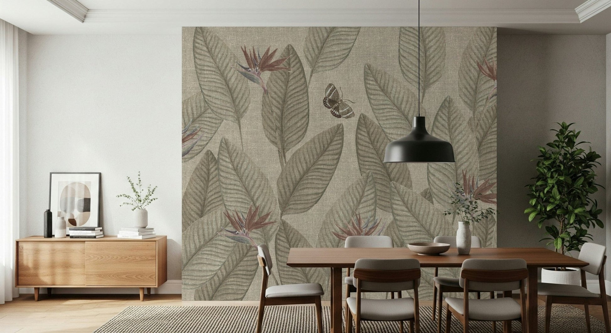 Aesthetic Jungle Life Muted tropical mural, peaceful indoor garden theme.