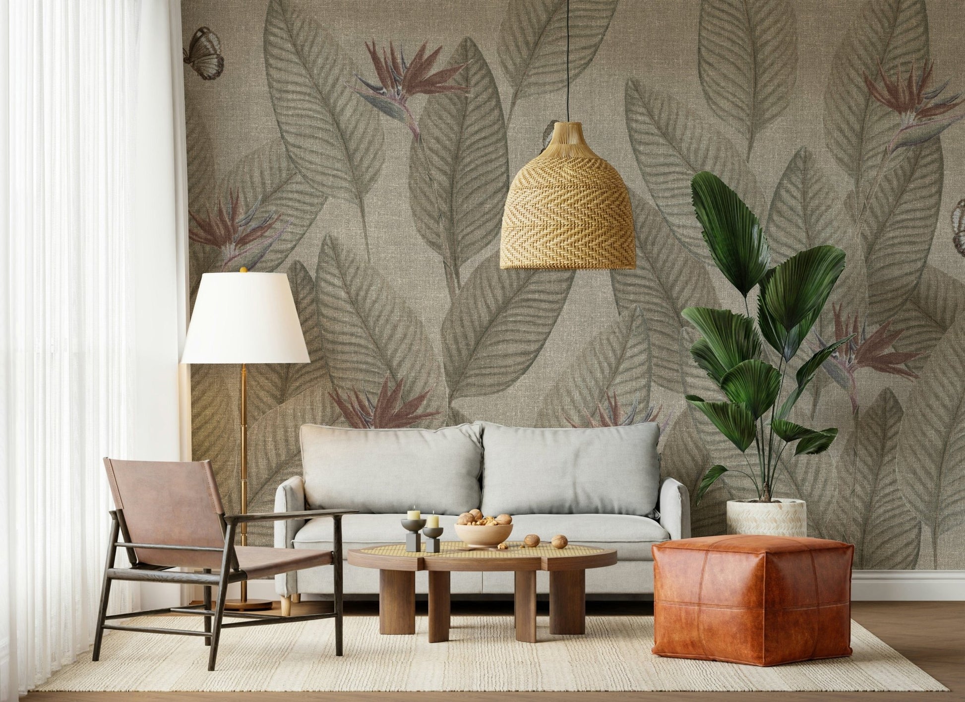 Dreamy botanical design, Jungle Life Muted mural, soft neutral colors.
