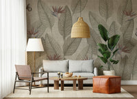 Dreamy botanical design, Jungle Life Muted mural, soft neutral colors.