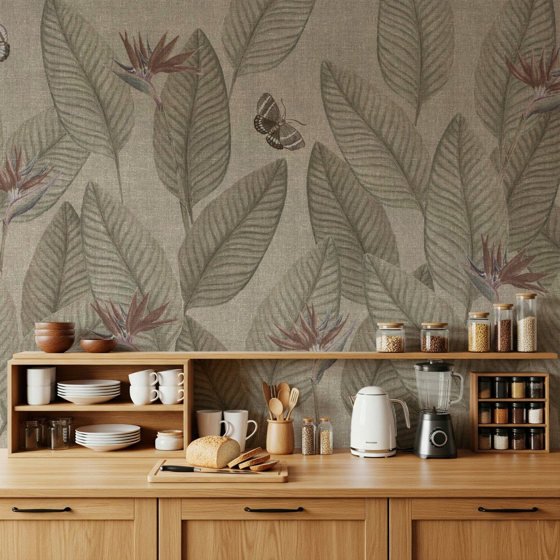 Neutral-colored Jungle Life Muted wallpaper, beautiful rainforest artwork.