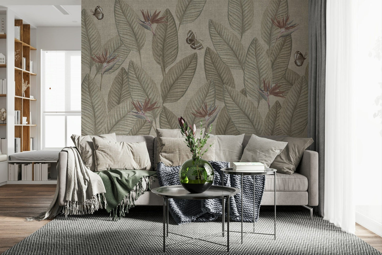 Hand-drawn style wall mural, leafy texture with accents of muted blossoms.